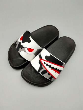 1 par de chanclas planas de PVC con diseño de dibujos animados para niños, aptas para interiores/exteriores, hogar, baño, verano