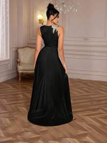 High-End Elegant 3D Floral High Slit Evening Gown, Black Formal Prom Dress, For Wedding Guest, Graduation, Dinner Party Dress - Black - View 6