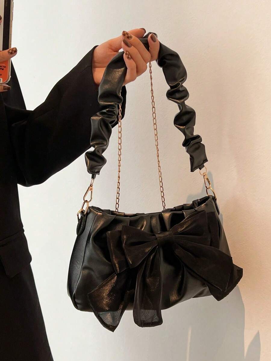 Bolso de hombro con cadena plisada y decoración de lazo - Negro - Ver 1
