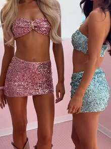 Women Sequin Sparkly Mini Skirt Set Y2K Starfish Shiny Bra Tops And Low Rise Bodycon Mini Skirt Set Summer Glitter Going Out Club Suit - 綠色 - 查看 3
