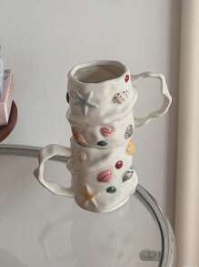 300ml创意夏日贝壳浮雕陶瓷咖啡杯，手绘陶瓷茶杯，可爱小众水杯，拿铁艺术杯，少女心礼物杯，复古3D手绘玻璃杯，不对称贝壳陶瓷杯，创意茶杯