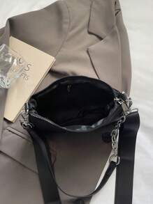 时尚休闲字母装饰涤纶材质拉链单肩包，简约便携斜挎包，适合女性购物、工作、外出和日常使用 - 黑色 - 查看 7