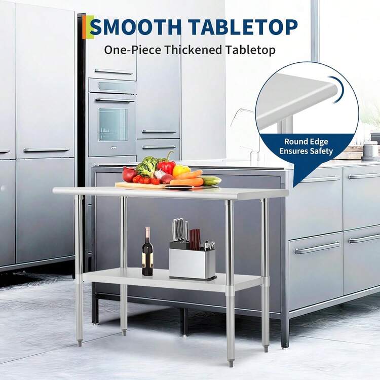 strundghti Stainless Steel Table For Prep & Work, 2-Tier Shelf NSF Commercial Metal Worktable Adjustable Height & Leveling Feet, Extra Strength Kitchen Storage Rack For Restaurant Warehouse - Bạc-24" x 48" - Xem 6