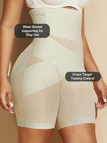 1pc Women High Waist Criss-Cross Tummy Control Seamless Shaping Shorts, Flat Belly Slimming Tight Pants, Shapewear Underwear - Yellow - View 8