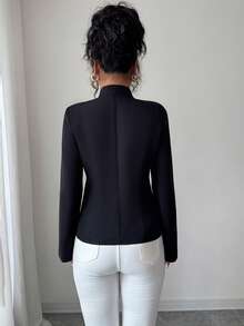 Women's Solid Color Woven Front Button Faux Pocket Casual Commuting Office Elegant Blouse, Suitable For Spring, Autumn And Winter