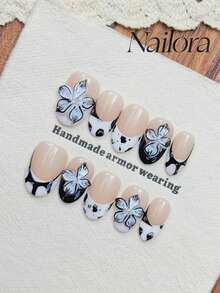 10 件/套黑白指甲法式指甲手绘圆点赫拉特 3D 雕刻花朵图案指甲小珍珠宝石和饰物指甲，椭圆形按压指甲短全覆盖手工指甲片，极简主义简约优雅风格按压指甲手工可穿戴假指甲，日常美甲 DIY 夏季指甲作为礼物适合女性和女孩美甲指甲用品