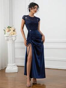 Đầm nữ thanh lịch ren đính sequin, hở lưng, xẻ tà, thích hợp cho Giáng sinh, Năm mới, các ngày lễ, sinh nhật, họp mặt, tiệc tùng, dạ hội, tiệc tối trang trọng, tiệc cocktail, đám cưới, hẹn hò. - Màu xanh hải quân - Xem 1