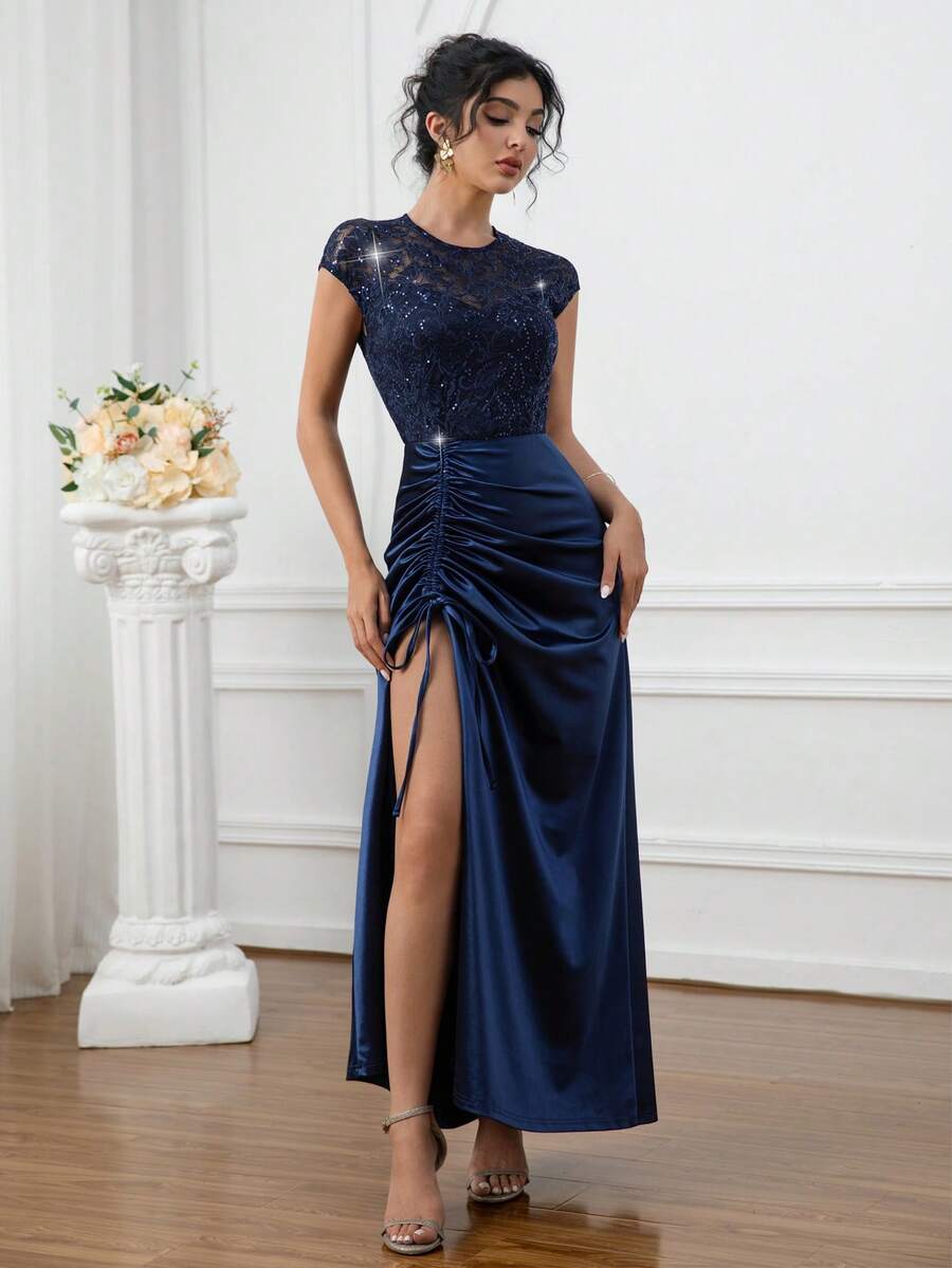 Đầm nữ thanh lịch ren đính sequin, hở lưng, xẻ tà, thích hợp cho Giáng sinh, Năm mới, các ngày lễ, sinh nhật, họp mặt, tiệc tùng, dạ hội, tiệc tối trang trọng, tiệc cocktail, đám cưới, hẹn hò. - Màu xanh hải quân - Xem 1