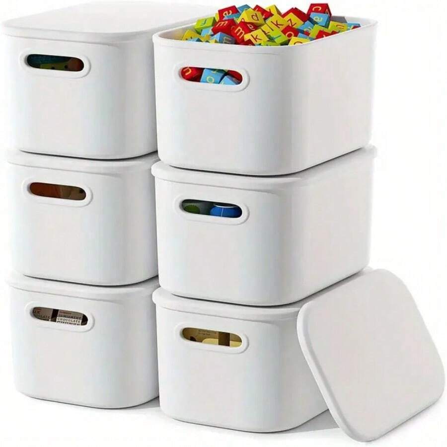 6PC Multi-Color Stackable Plastic Storage Baskets With Lid - Waterproof Space-Saving Organizer For Kitchen Bathroom Bedroom Living Room Dorm Office Daily Supplies - màu xanh lá - Xem 1