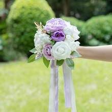 Dusty Blue Wedding Bouquets For Bride Bridesmaid, White Wedding Artificial Roses Flowers For Wedding Bouquets Ceremony, Anniversary - Lilac & Ivory & Cream - View 6
