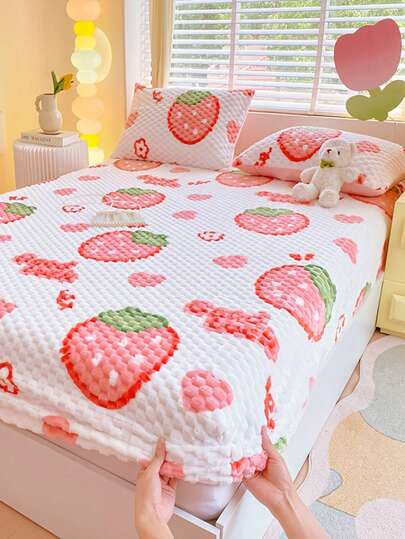 1pc Rainbow Pom-Pom Fleece Fitted Sheet, Soft & Cozy, Machine Washable, Bedding Decor