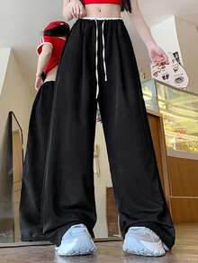 撞色丝滑阔腿裤女夏季薄款纹理直筒休闲裤 - 黑色 - 查看 1