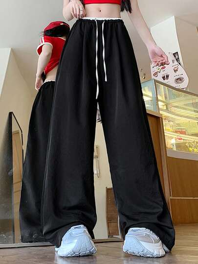 撞色丝滑阔腿裤女夏季薄款纹理直筒休闲裤