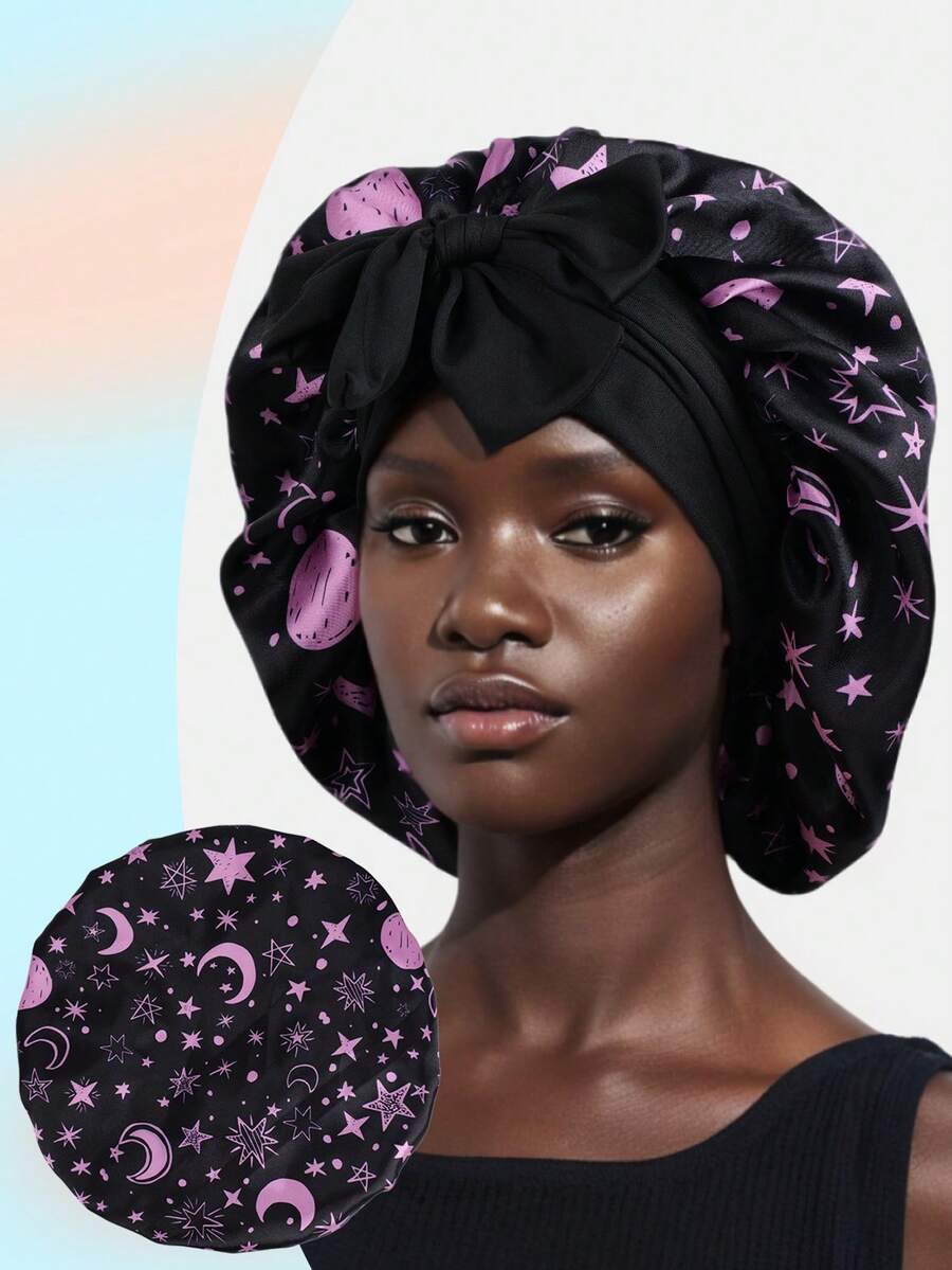 1顶缎面蝴蝶结睡帽，纯色弹力带，轻盈透气，适合女性和女孩，黑色