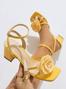 女士高跟凉鞋，适合派对、户外、旅行、时尚度假，粗跟，方头，闪亮，3D 黄玫瑰，性感踝带，石材纹理，鲜艳的黄色，优雅的高跟鞋 - 黃色 - 查看 4