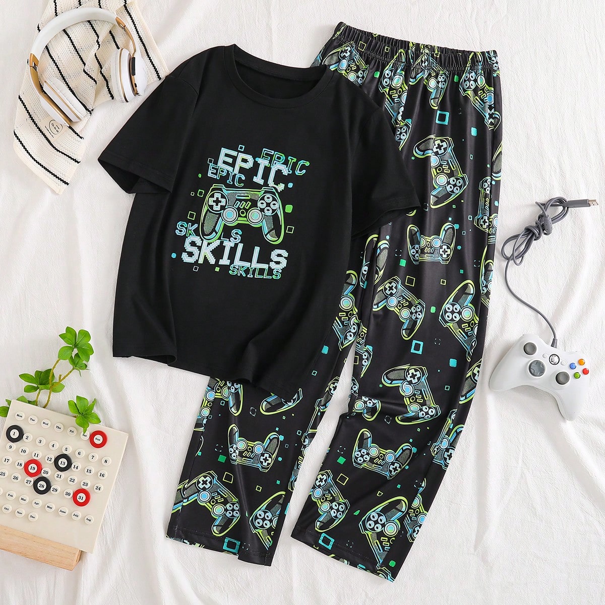 Conjunto de ropa de estar informal de 2 piezas para niños en verano, camiseta de cuello redondo con estampado de letras y consola de juegos + pantalo