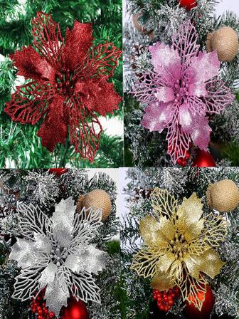 10pcs Shiny Christmas Flower, Artificial Red Poinsettia Flowers For Christmas Tree, Wreath, DIY Decoration