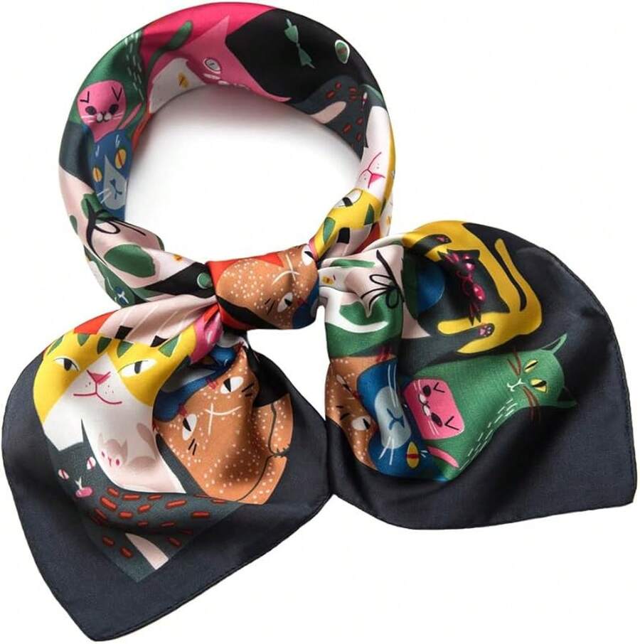 27 Inch Silk Feeling Scarf Square Satin Scarf Fashion Neck Scarfs Women - 41 Cat Black - 查看 1