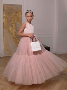少女粉色薄纱优雅派对礼服，可拆卸公主礼服，适合女孩的生日派对、宴会、婚礼、花童、伴娘、舞会、选美 - 粉色 - 查看 3