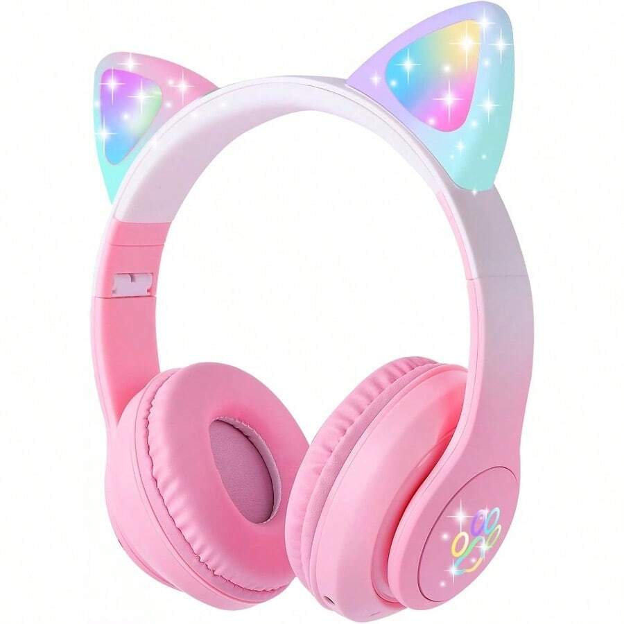 Cat Ear Bluetooth Headphones For Girls En Teens, LED Light Up Wireless/Wired Mode Foldable Stereo Girls Headphones With Builtin Mic For School Birthday Xmas Gift