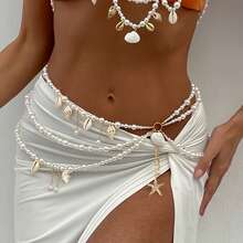 Fashionable Faux Pearl Starfish & Shell Pendant Waist Chain, Multi-Layer Pearl Waist Chain For Beach Vacation Bikini - Beige - View 1