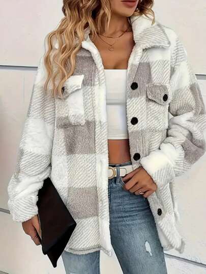 Chaqueta casual de solapa de abotonadura sencilla con forro polar a doble cara con estampado de cuadros, estilo europeo y americano, para otoño/invierno