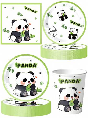 10 件熊猫生日派对主题餐盘餐具纸盘纸巾纸杯露营地布置派对用品露营旅行露营大熊猫小熊猫可爱熊猫餐盘