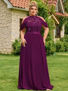 Đầm dạ hội cỡ lớn bằng chiffon đính sequin, ren hoa, khoét vai, thích hợp cho dạ hội, lễ tốt nghiệp, đám cưới, tiệc sinh nhật mùa hè thanh lịch. - Màu Tím - Xem 7