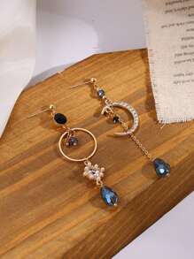 女士优雅蓝色水钻泪珠月亮流苏不对称长耳环