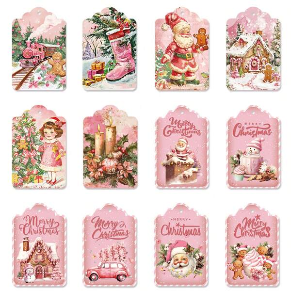 60 etiquetas de regalo navideñas rosas, adornos vintage para colgar regalos, decoraciones de fiesta