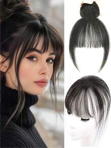 棕黑色夹式刘海接发假发合成假发细刘海发夹刘海带鬓角假发弧形刘海
