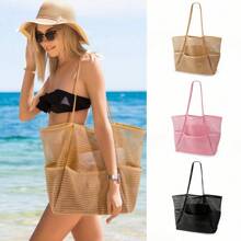 1pc Women's Mesh Beach Tote Bag, Suitable For Picnics, Shoulder Carry Tote Bag, Pool & Leisure Travel Bag, Essential For Beach Vacation, Foldable With Zipper Pocket Large Swimsuit Beach Bag, Waterproof And Anti-Sand Mini Pocket, Suitable For Women Beach Bag, Fit For Picnic, Vacation, Swimming, Beach Travel, Storage Tote