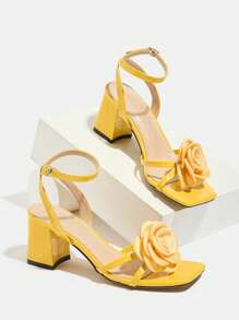 女士高跟凉鞋，适合派对、户外、旅行、时尚度假，粗跟，方头，闪亮，3D 黄玫瑰，性感踝带，石材纹理，鲜艳的黄色，优雅的高跟鞋 - 黃色 - 查看 7