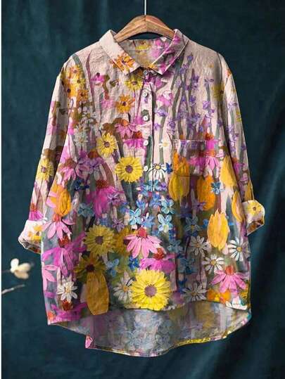 Plus Size Women's Summer Travel Casual Floral Print Linen Like Shirt