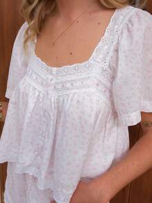 Women Lace Trim Cardigan Shirt Short Sleeve Button Down Ruffle Hem Blouse Summer Boho Tops Y2K Going Out Tops - Matching Colors - View 1