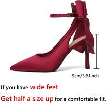 High Heels For Womens Bow Heels With Strappy Wedding Satin Shoes For Bride Closed Pointed Toe Stiletto Slingback Pumps Sexy Ankle Strap Prom Dressy Party Bridesmaid Shoes - 紅色 - 查看 2
