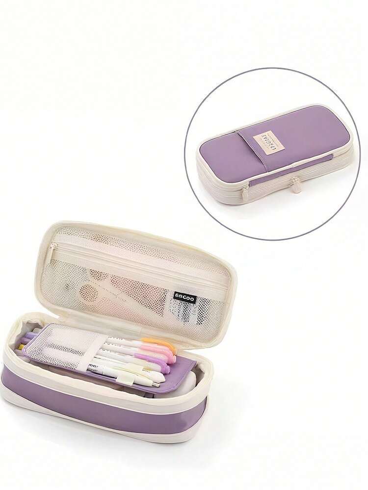 1 件可扩展双层拉链铅笔盒 - 大容量桌面收纳盒，适合学生和专业人士 | 耐用斜纹面料 | 适合返校和办公室使用的理想礼物 - 彩色 - 查看 4