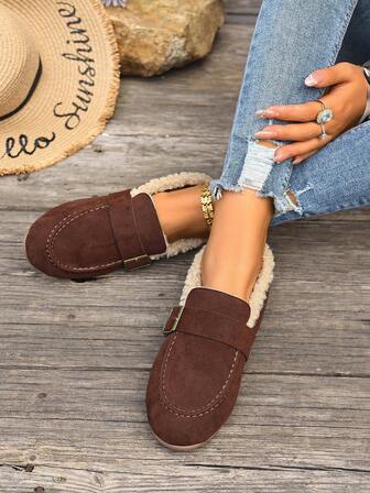 2024 New Preppy Style Buckle Warm Loafers For Women, Vintage Breathable Driving Shoes, Faux Fur Moccasins, Slip-On Casual Flat Shoes For Work