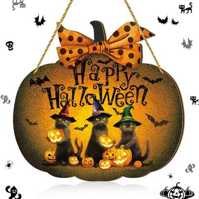Halloween Willkommensschild Holz Vintage Rustikale Hängedekoration Halloween Horror Muster Willkommens Eingangstürschild Wanddekoration für Innen- und Außenbereich (Schwarze Katze Stil)