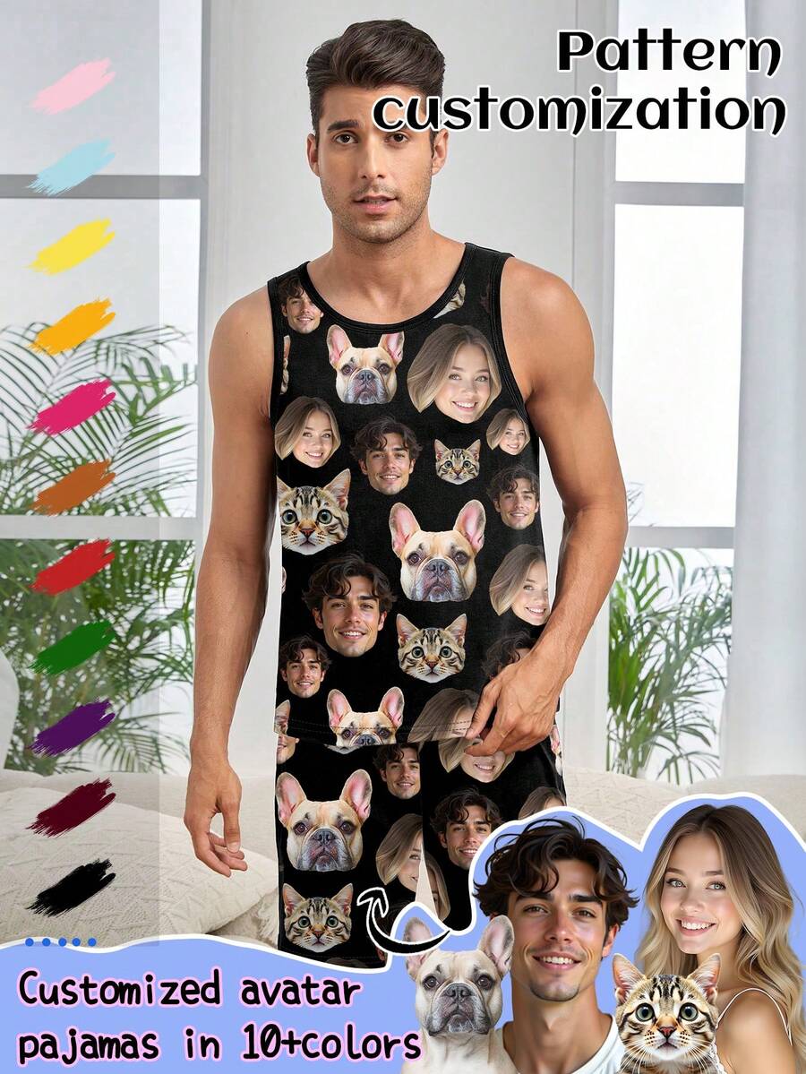 Conjunto personalizado de chaleco y pijama, ropa de estar en casa, con retrato de hombre/mujer, miembro de la familia, mascota, dibujo animado o tema festivo