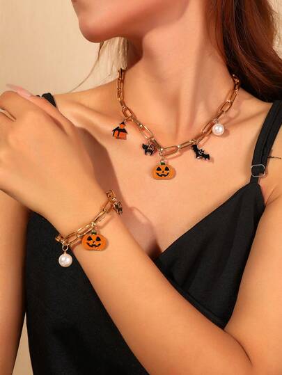 2pcs Women's Minimalist Necklace & Bracelet Set, Halloween Pumpkin, Bat, Cat Pendant Jewelry