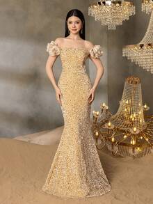 Alisa&Leo Teen Girls' Sequin Off-Shoulder Evening Dress With Ruffled Tulle Sleeves - Elegant Fish-Tail Formal Dress For Spring Summer | Graduate Parties, Coming Of Age Ceremony - Champagne - View 5