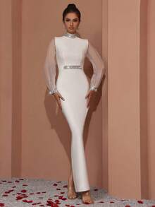 Elegantes, handgefertigtes Strass- und glänzendes Diamant-Dekor Organza Langarm Slim Bandage Kleid, geeignet für Dates, Singles-Partys, Partys, Tanzen, Abschlussfeiern, Abendveranstaltungen, Hochzeiten, formelle Anlässe, Abendkleider