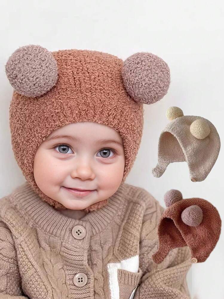1顶可爱儿童/婴儿纯色羊毛绒边护耳帽，带绒球，柔软新生儿帽 - 彩色 - 查看 1
