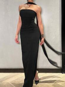 Women Elegant Strapless Bodycon Maxi Dress Sleeveless Split Formal Evening Gown Cocktail Wedding Guest Party Dress With Scarf - 黑色 - 查看 3