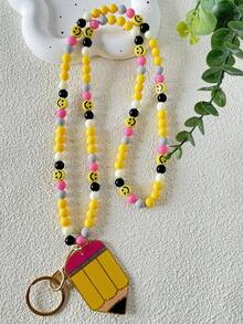 1件可爱设计亚克力笑脸混色珠子挂绳钥匙扣，带空白铅笔笔记本/作文簿，适合教师、学校、圣诞节礼物、包包配件、带证件夹的挂绳、汽车配件、包饰、车内挂件、朋友、姐妹 - 彩色 - 查看 14