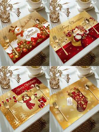 Manteles individuales de 30x45cm con tema navideño, serie de estilo dorado, diseño de Papá Noel y muñeco de nieve, manteles individuales de poliéster, adecuados para la decoración de mesa navideña, reuniones de fiesta de Navidad y decoración del hogar