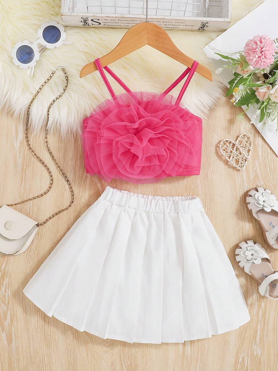 Set di gonne plissettate alla moda per ragazze, design elegante e casual per l'estate, top corto senza maniche + minigonna plissettata bianca, 2 pezzi