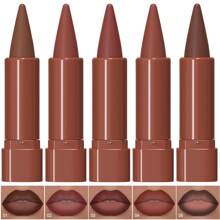 DUNUF 5pcs Matte Lip Liner And Lipstick Set - Crayon Form, Cone Tip, Easy Contour, Universal Skin Types, Dual-Use, Brown And Mixed Ton - 彩色 - 查看 2