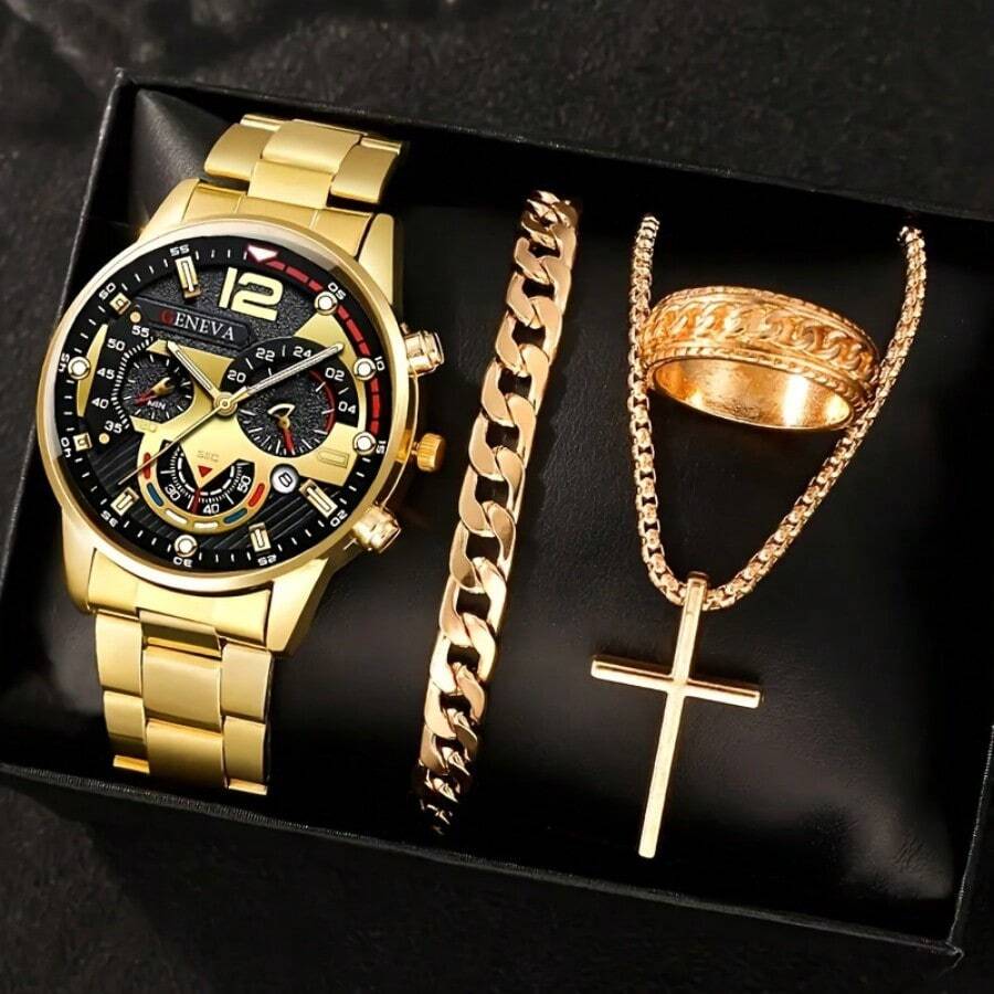 4pcs Set: Men's Fashion Date Quartz Watch, Pendant Necklace, Ring, And Bracelet - Ideal Gift For Him - 4 chiếc Vàng - Xem 1